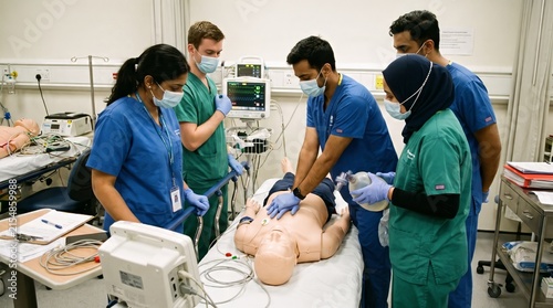 Medical students practicing CPR on mannequin in training room