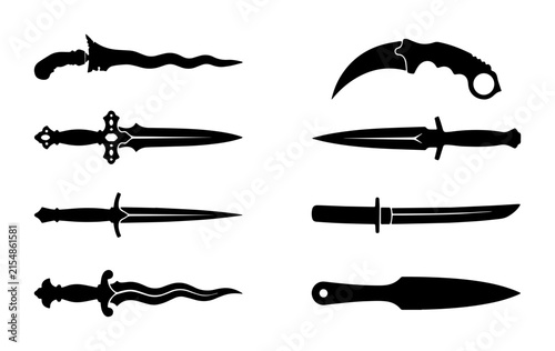 Foto Collection of Black Silhouettes of Various Knives and Daggers, Vector Set for De