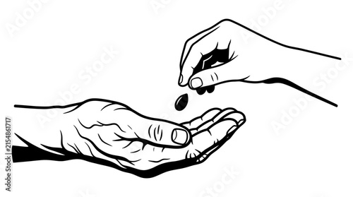 Illustration of a hand offering a small seed or object to an open hand.