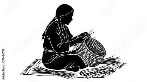 Silhouette of a Native American woman weaving a traditional basket.