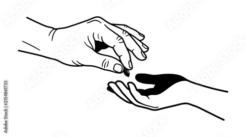 Black and white line art illustration of one hand giving a small object to another.