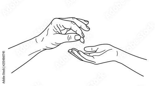 Line art illustration of a hand giving something to another hand.