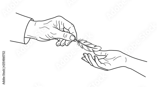 A hand passing a delicate feather to another hand line art drawing.