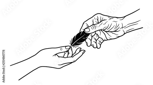 An elderly hand passing a delicate feather to a young hand illustration.