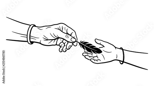 An adult hand giving a small bird feather to a childs hand in line art style.
