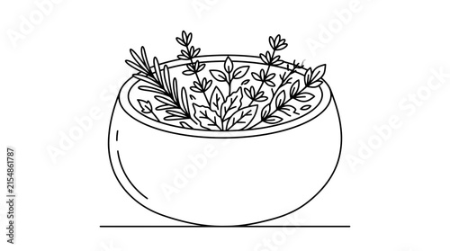 Hand drawn illustration of a bowl filled with various fresh culinary herbs.