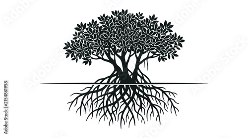 Black silhouette of a mangrove tree with intricate root system.