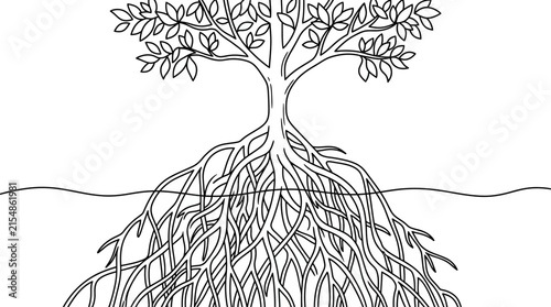 Black and white line art illustration of a mangrove tree with exposed roots.