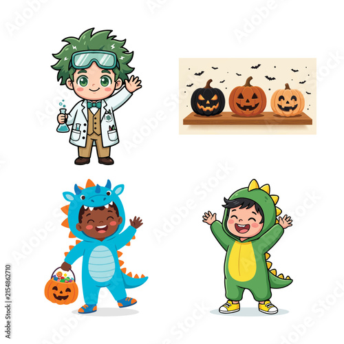 Fotografía Cute kids in delightful halloween costumes celebrate with pumpkins and festive s