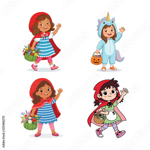Cuadro en lienzo Four happy young girls dressed in various halloween costumes cheerfully wave whi