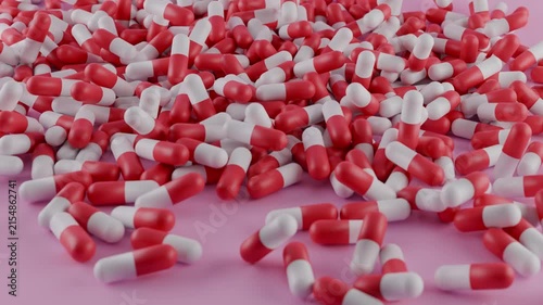 White pills capsule medication Antibiotics falling over pink background ,Medicine and Pharmaceutical Business , 3D animation 4k