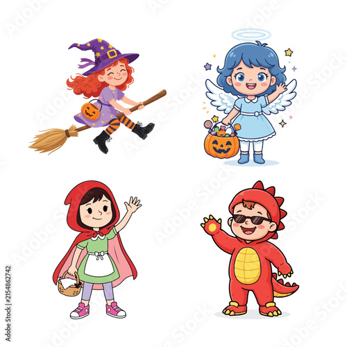 Cuadro en lienzo Four adorable children dressed in halloween costumes including witch angel littl