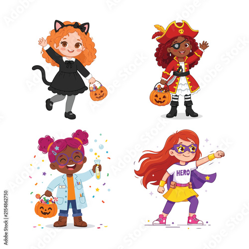 Fotografía Four cheerful children dressed in halloween costumes holding trick or treat buck