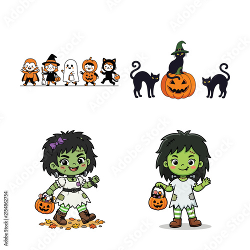 Cuadro en lienzo Cute halloween characters set including ghosts witches pumpkins cats and little