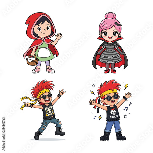 Fotografía Four cute cartoon characters dressed in different costumes waving and pointing c