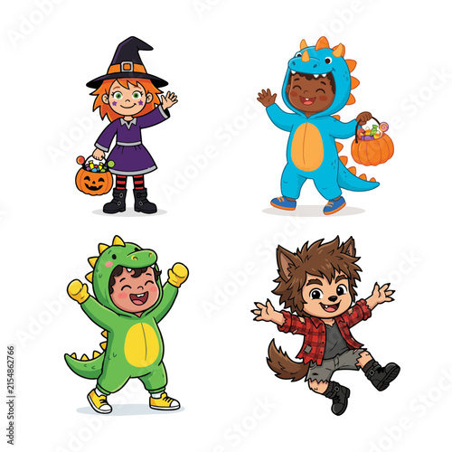 Cuadro en lienzo Adorable kids dressed in halloween costumes with pumpkins and trick or treat bag
