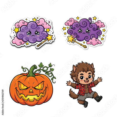 Fotografía Cute halloween themed stickers featuring a cloud pumpkin and werewolf character