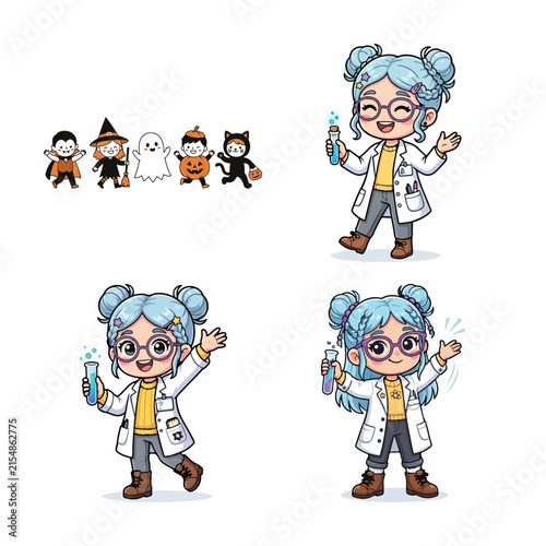Fotografía Cute cartoon children in halloween costumes and a young scientist with lab equip