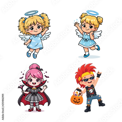 Cuadro en lienzo Set of cute cartoon children dressed in various costumes for halloween including