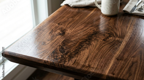 Close-up of polished walnut wood grain texture on a table surface, natural light.