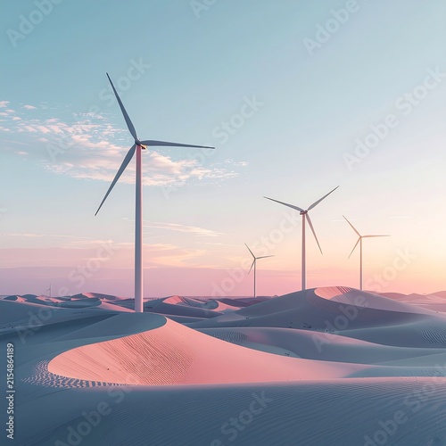 Wind turbines on snowy mountain ridge at sunrise.