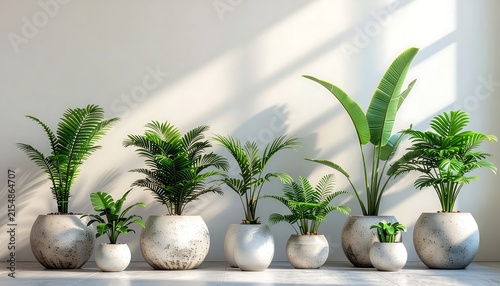 Healthy green plants growing in white pots on windowsill.