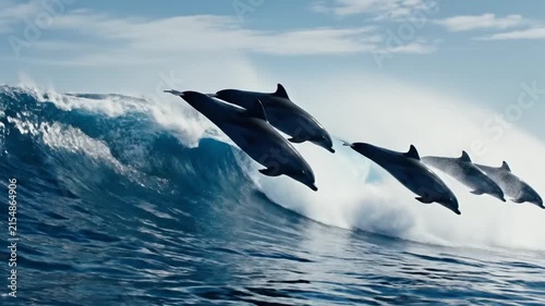 Pod of dolphins leaping through a massive breaking wave in the blue ocean