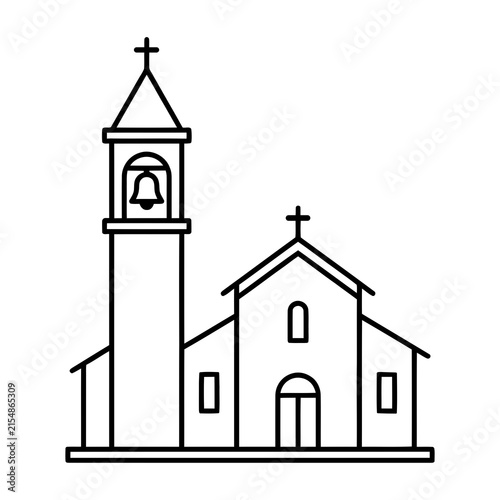 Simple Christian church building with bell tower line art vector icon