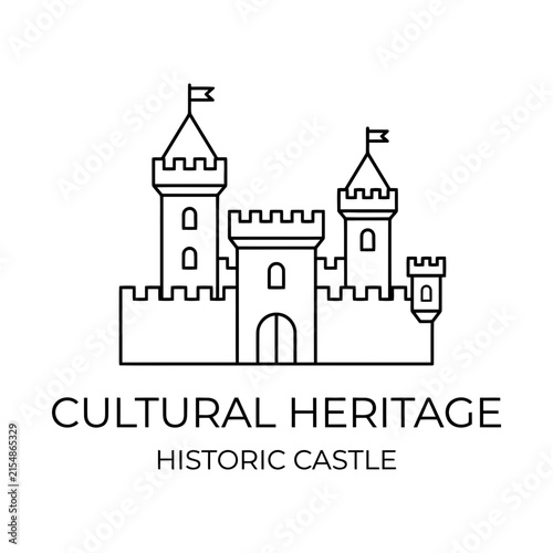 Minimalist historic castle building line art vector icon for cultural heritage