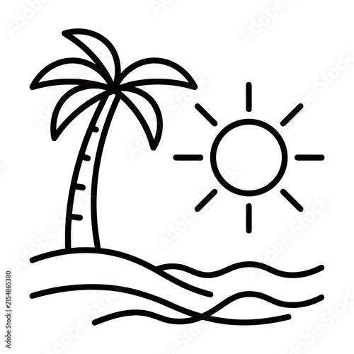 Minimalist tropical beach landscape with palm tree and sun line art vector illustration
