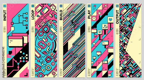 Futuristic Vertical Web Banners Set. Cyberpunk Technology Digital Backgrounds. Input, Loop, Build, Play, Output Headers. Pink, Cyan, Black Vector Illustrations for Websites