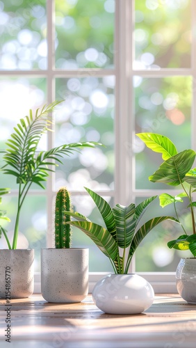 Modern minimalist living room with houseplants and decor.