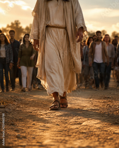 Jesus walking on a dirt road followed by a crowd of modern people at sunset