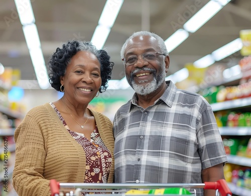Elderly couple smiling together outdoors.