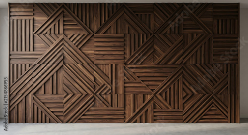 A sophisticated geometric wood wall pattern creates a luxury interior design backdrop with 3D timber paneling for a modern home