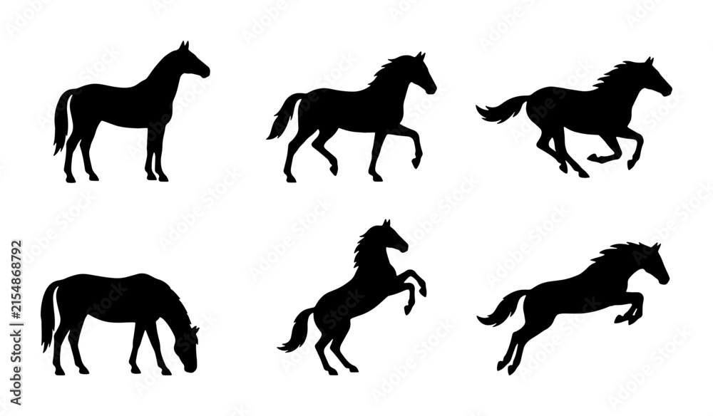 Obraz premium Six Black Horse Silhouettes, Vector Icons Set: Galloping, Rearing, Grazing, Standing, Jumping Equine Poses for Equestrian and Animal Graphics