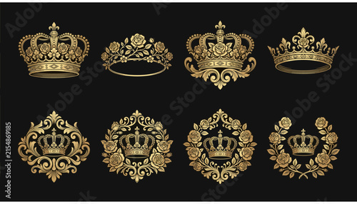 Foto Set of golden royal crowns and floral wreaths, vintage heraldic elements, luxury