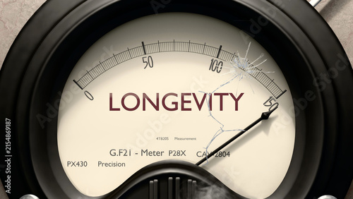 Fototapeta Longevity meter showing high levels of longevity. Dangerously increasing values of longevity, critical overload. Too much, off the charts. Max longevity ,3d illustration