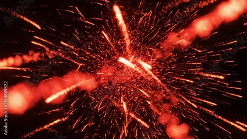 Abstract fiery trails with particles burst and explode through the darkness with bright light in space-like simulation