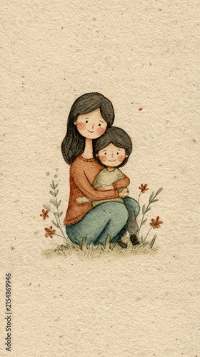 Happy Mother and Child Family Bond in Pastel Watercolor