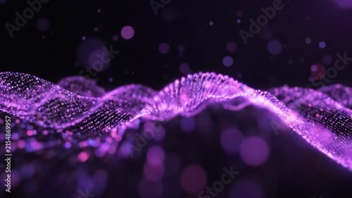 Abstract purple particle wave flowing across a black background, representing digital data and technology