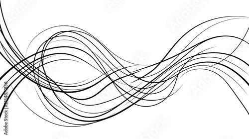 Dynamic flowing black wavy lines on white background.