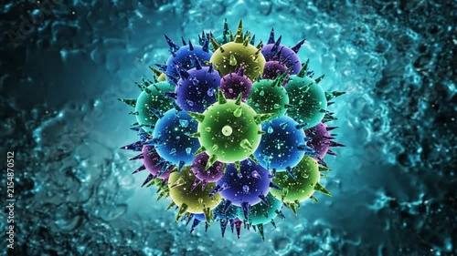 Illustrative depiction of a collection of spherical virus particles with protruding spikes, in a 3D medical animation.