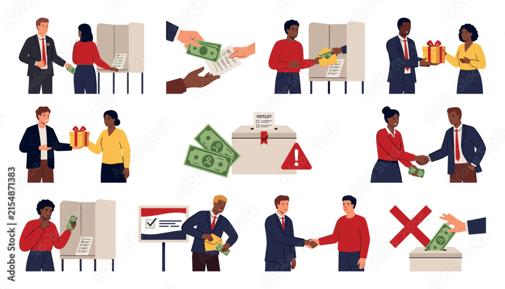 Fototapeta premium Political Vote Buying and Election Bribery Illustration Collection with Candidates Offering Money, Gifts, Ballots, Corruption, and Unethical Campaign Practices