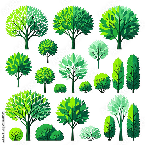 Versatile tree and green vector nature collection featuring various plant and bush illustrations for ecofriendly environmental landscaping and