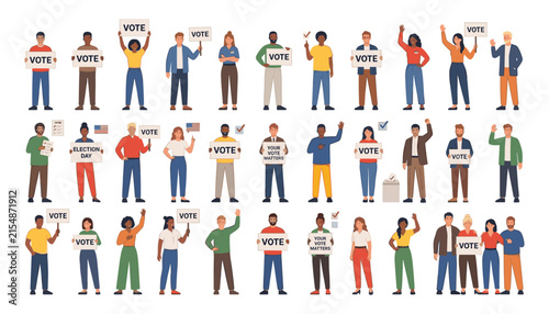 Diverse People Holding Vote Signs and Campaign Posters, Election Participation, Voting Rights, Political Campaign, Democracy, and Civic Engagement Illustration