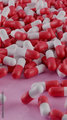 White pills capsule medication Antibiotics falling over pink background ,Medicine and Pharmaceutical Business , 3D animation 4k vertical video.