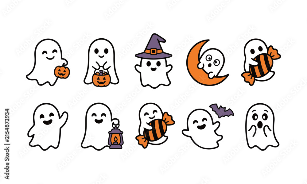 Fototapeta premium Cute Ghost Halloween Vector Element Set with Pumpkin Basket