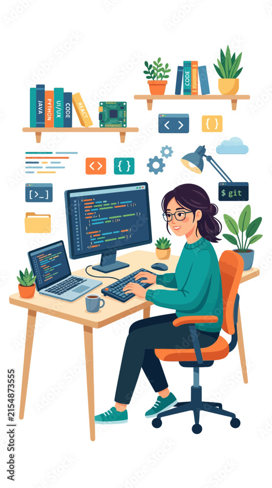 Fototapeta premium Female programmer at an organized home office desk.