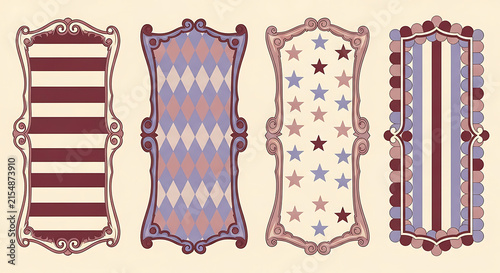 Set of vintage banners and decorative frames with carnival labels circus patterns and ornate borders for retro festive designs